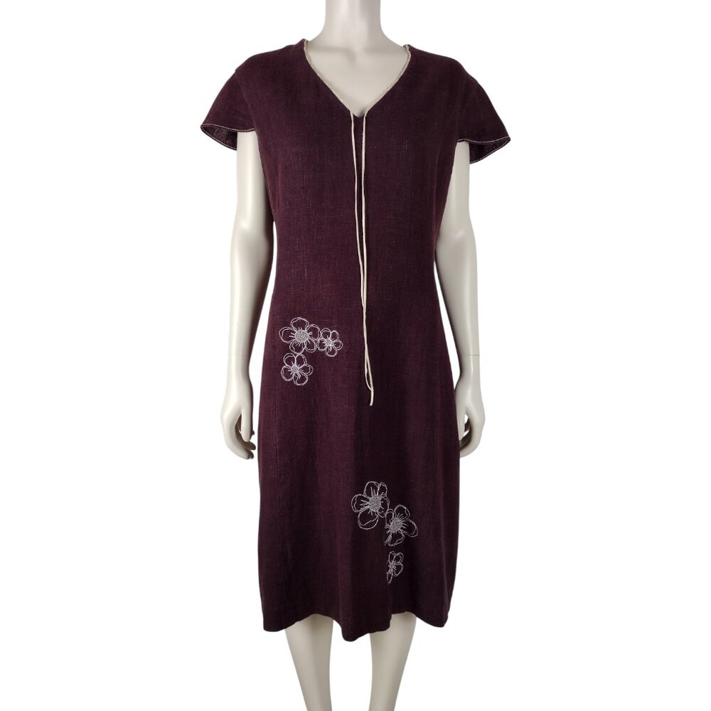Vintage 1990s Harve Benard Purple Linen Embroidered Midi Pencil Dress Size 16